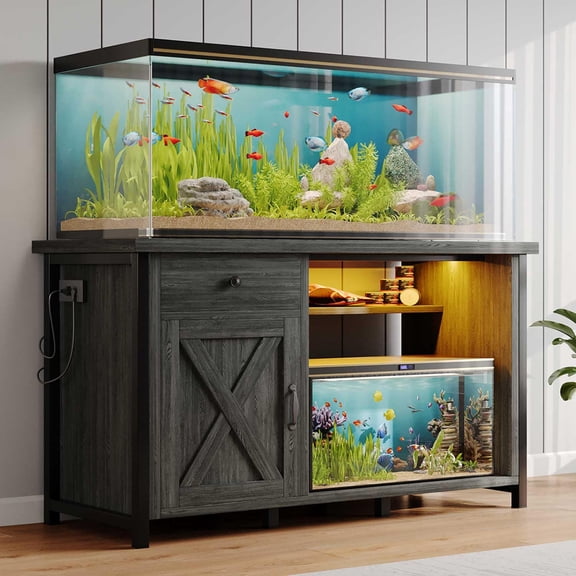 Washed Gray 49 Inch Aquarium Stand with LED Lights & USB Ports, 55-75 Gallon Rustic Fish Tank Stand, Heavy-Duty Storage Cabinet