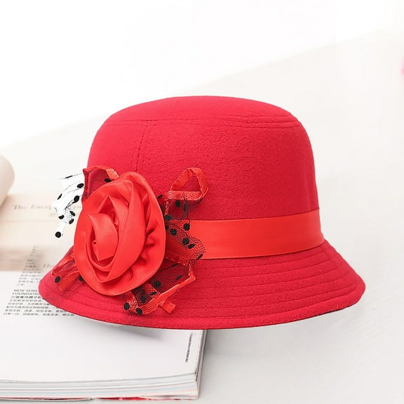 Delayuji Womens Bowler Fedora Hat Solid Color with Floral Fascinator for Church Derby Wedding Party Wide Brim Bowler Hat for Women Red One Size