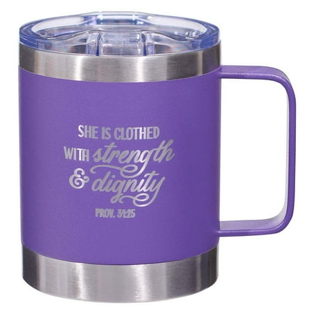 

She is Clothed with Strength & Dignity Proverbs 31 Woman Purple Sunflower Camp Style Travel Mug for Women (11 oz Double Wall Vacuum Insulated Coffee Mug with Lid and Handle)
