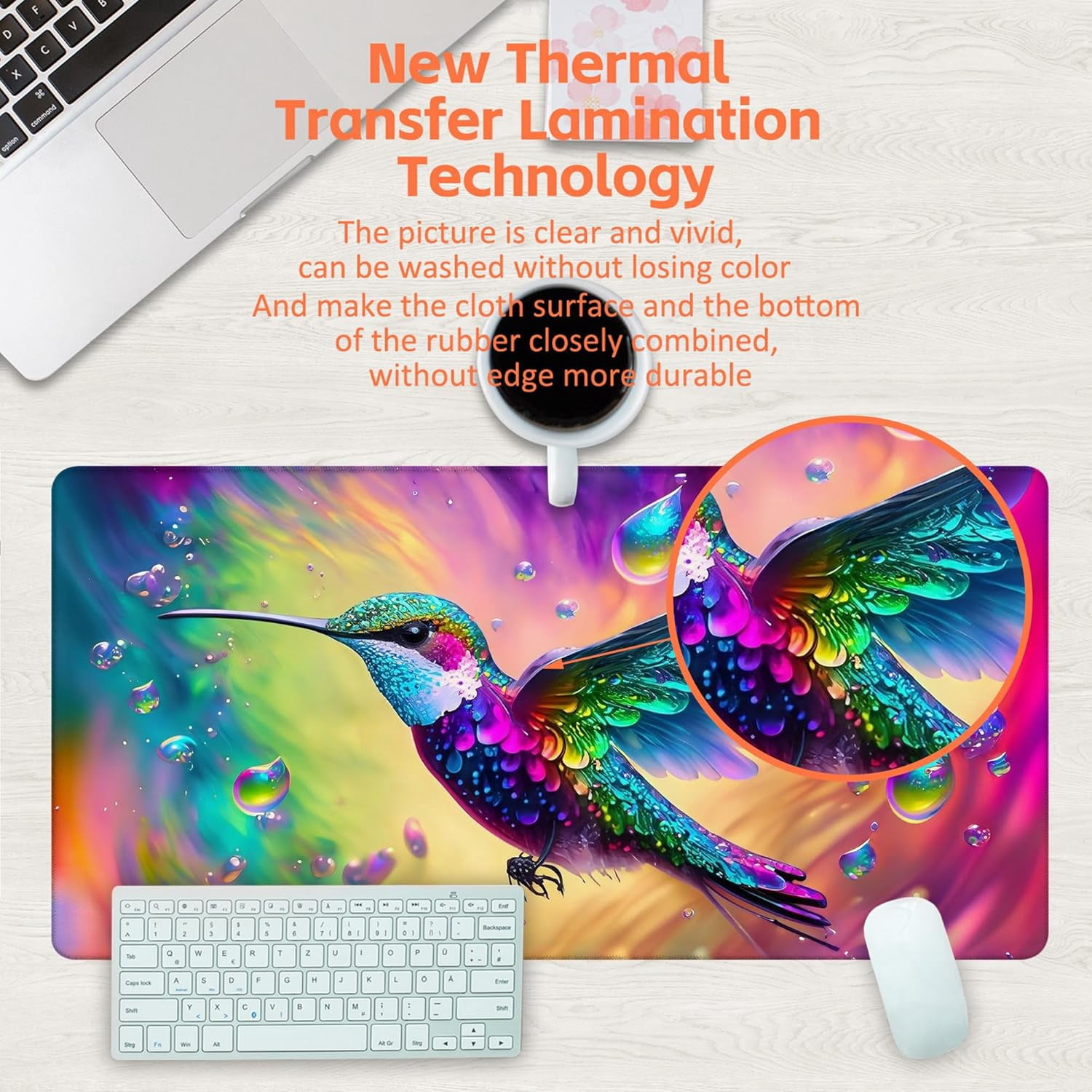 Large Gaming Mouse Pad for Desk, Colorful Hummingbird Desk Mat, Bright Hummingbird Desk Pad, 31.5"x11.8" Extended Big Computer Keyboard Mouse Pad with Non-Slip Base and Stitched Edge