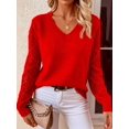 thumbnail image 6 of Women V Neck Knit Hollow Openwork Lantern Long Sleeve Ribbed Cuff Loose Fit Knit Pullover Sweater Red S, 6 of 8