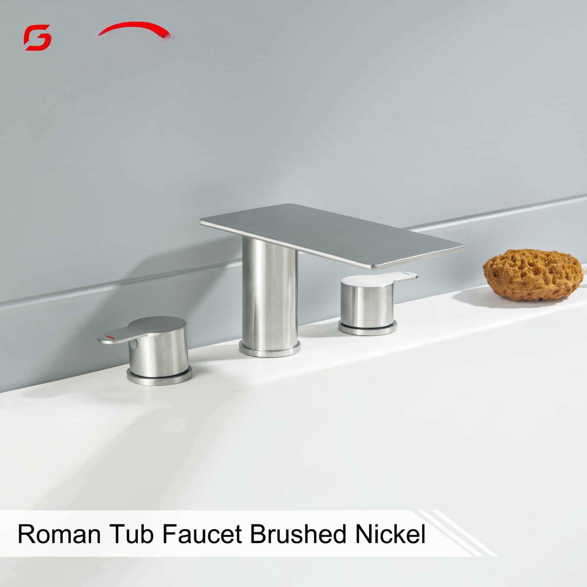 Roman Tub Faucet Brushed Nickel 3 Hole Waterfall Bathtub High Flow 2 Handle Bath Set