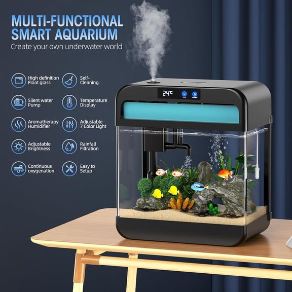Fish Tank 2.2 Gallon Fish Bowl with Humidifier 7 Color Auto-Looping Light Aquarium Tank with 3 in 1 Silent Pump with Filteration & Oxygenation & Circulation(Black-2.2 Gallon)