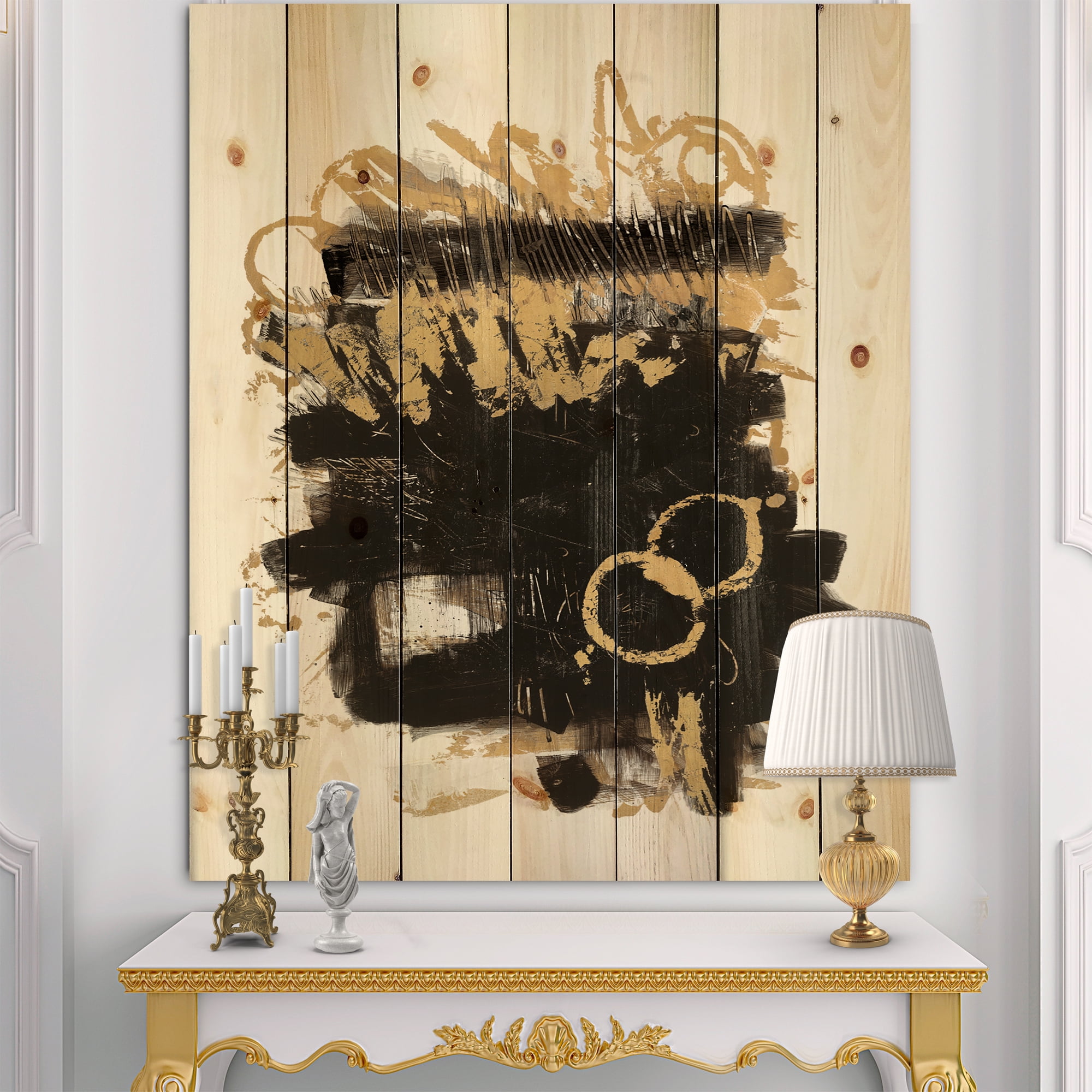 Designart 'Black and Gold drift II' Glam Modern Print on Natural Pine Wood