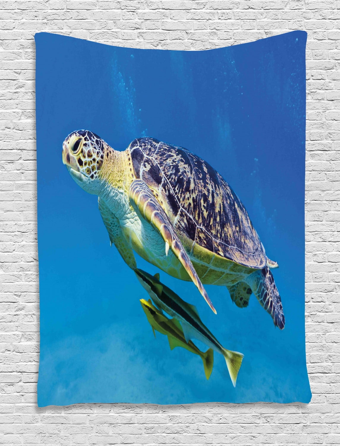 Turtle Tapestry Cute Angry Looking Sea Turtle Swimming With Remora Fishes Fauna Under The Sea Wall Hanging For Bedroom Living Room Dorm Decor 40w X