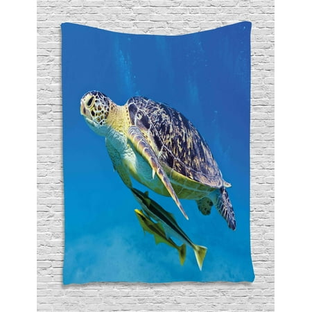 Turtle Tapestry Cute Angry Looking Sea Turtle Swimming With Remora Fishes Fauna Under The Sea Wall Hanging For Bedroom Living Room Dorm Decor 40w X