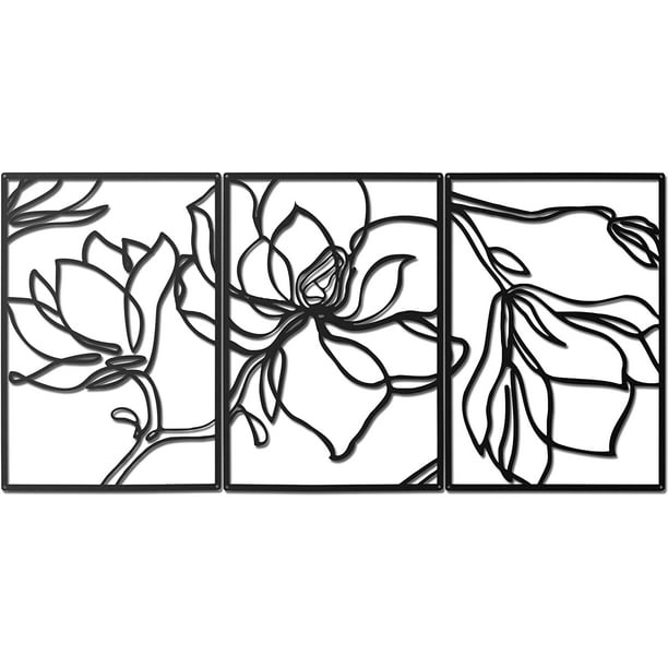 3 Panels Metal Flowers Wall Decor Modern Abstract Nature Floral Line