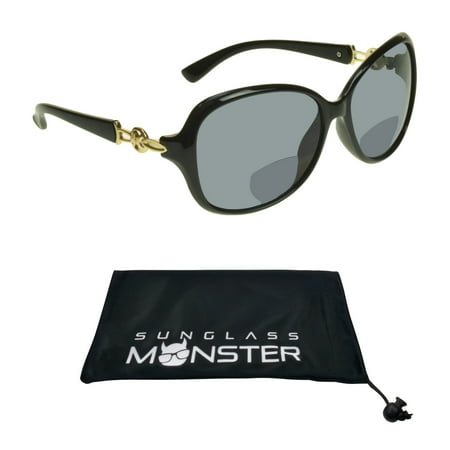 Sunglass Aluminum Black Frame - Sunglass Monster Womens Bifocal Reading Sunglasses Reader Sexy Oversized Black Frame with Gold Accent