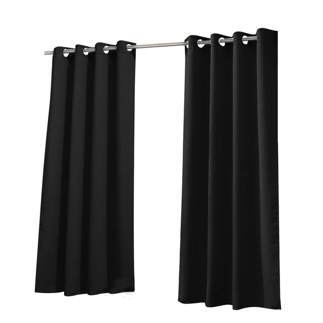 Ensemble de Rideaux Extérieurs en Polyester Noir - 2 Panneaux avec Illets, Imperméable, Protection Solaire, Résistant aux UV, Comprend 2 Attaches en Lin de Coton Beige, 132cm x 183cm, Design Moderne Uni pour Maison et Extérieur