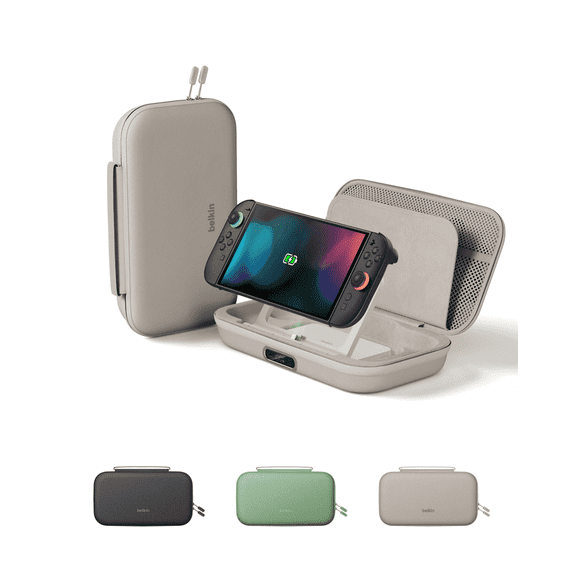 Belkin Charging Case Pro for Nintendo Switch 2, 10000mAh Power Bank, 30W Fast Charging w/ Kick Stand - Custom Fit, Hard Shell Carrying Case, 12 Game Card Slots, AirTag Holder, Digital Display - Sand