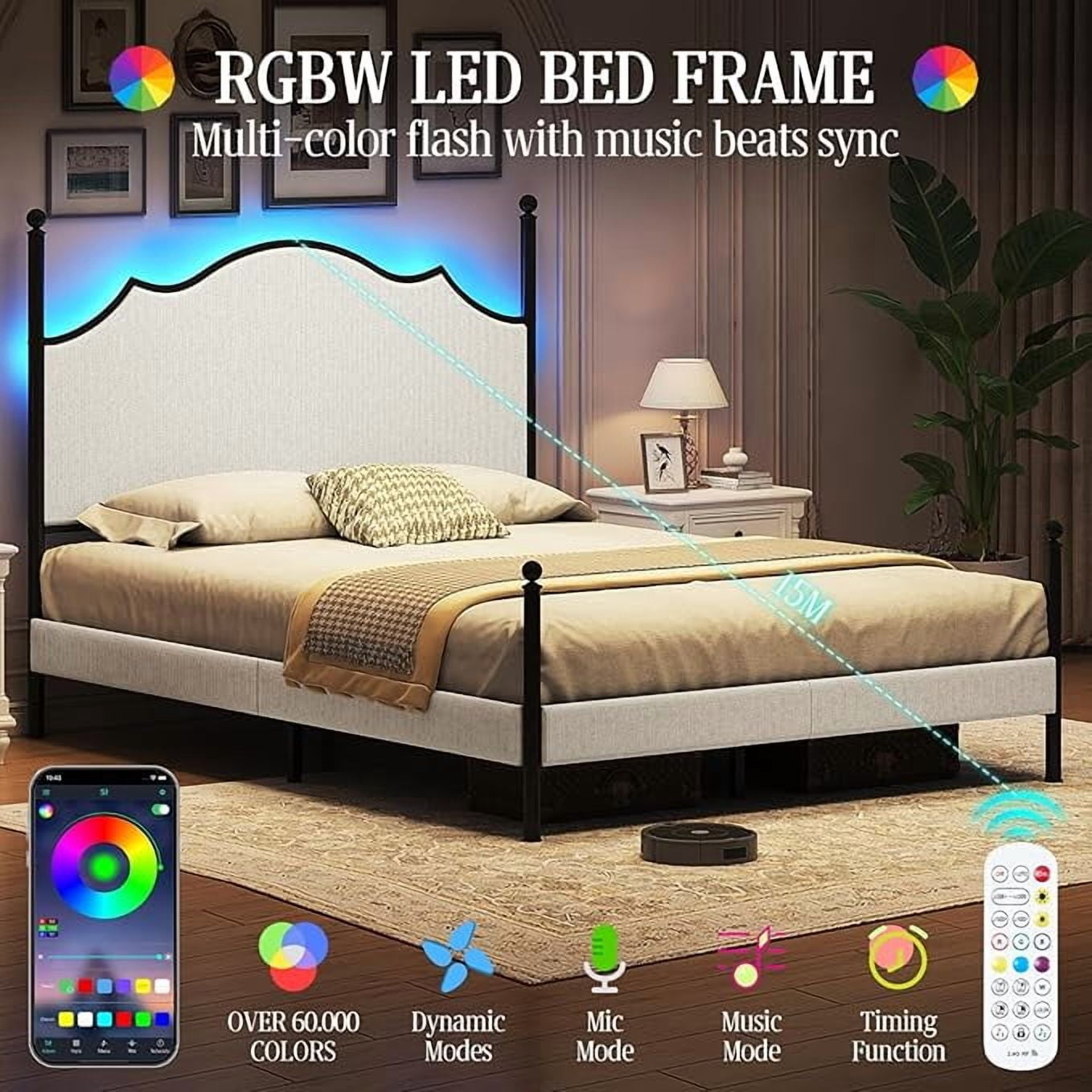 VanAcc Queen Bed Frame with LED Light & Arch Headboard, Modern Corduroy Upholstered Platform Bed with Metal Poster, Easy Assembly/Noise Free, White