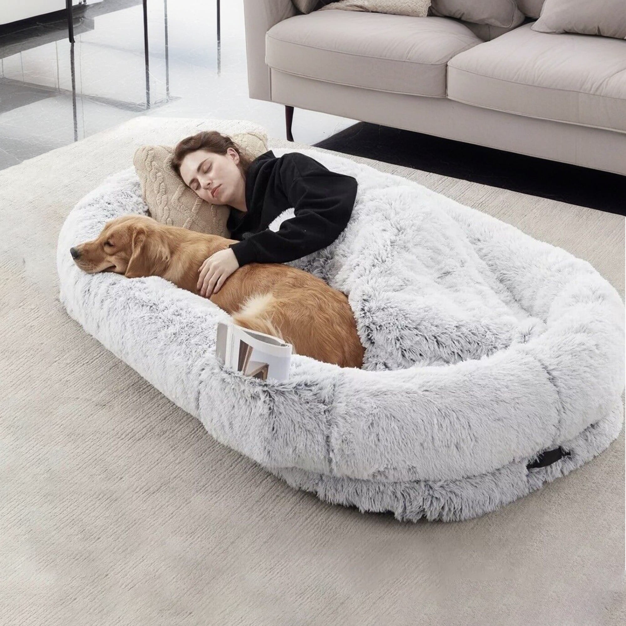 Pefilos 68" Large Plush Dog Sofa with Soft Blanket and Plump Pillow, Stylish Washable Fluffy Human Dog Bed Pet Couch Furniture, Gray