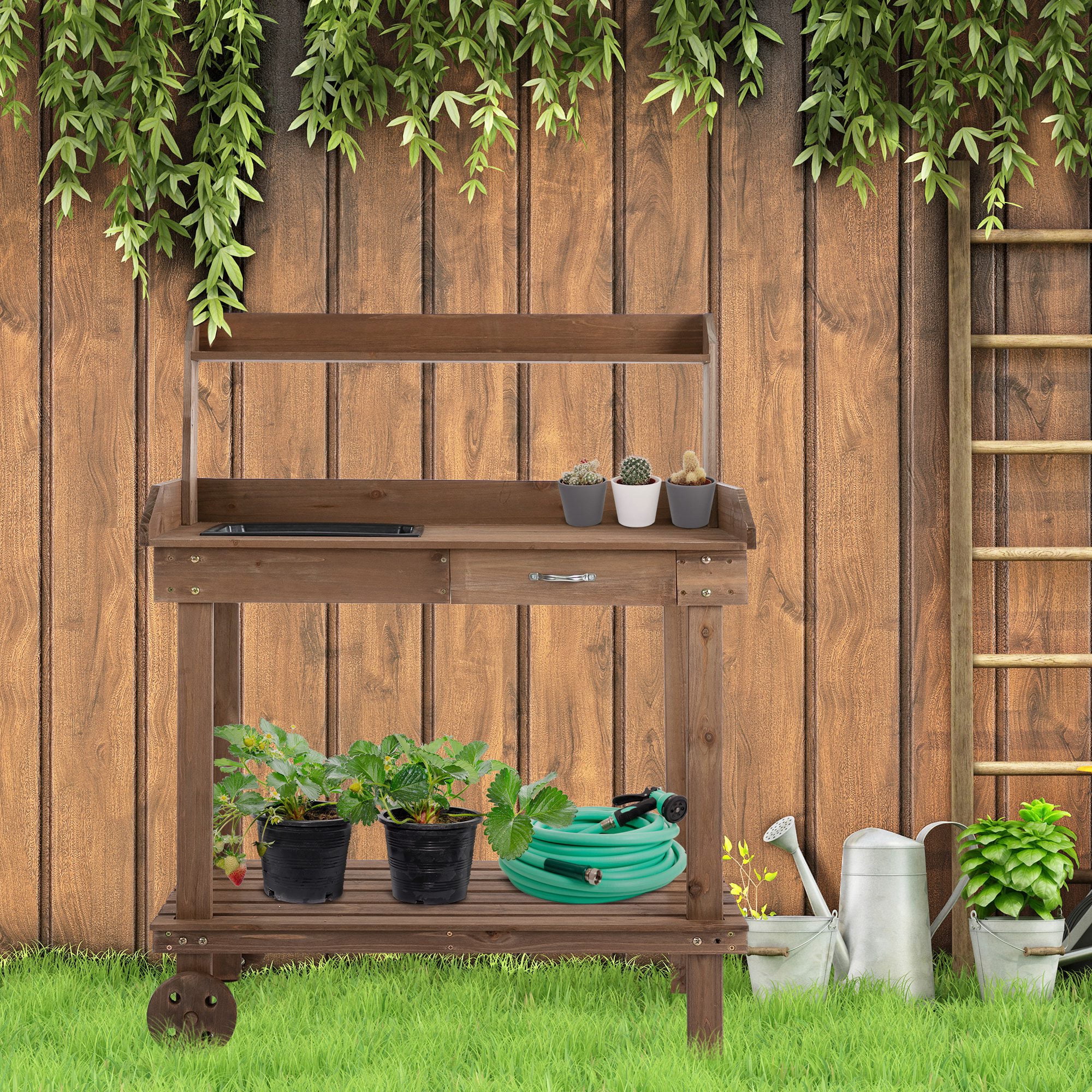 36" Wooden Potting Bench Work Table with 2 Removable Wheels, Sink, Drawer & Large Storage Spaces, Brown