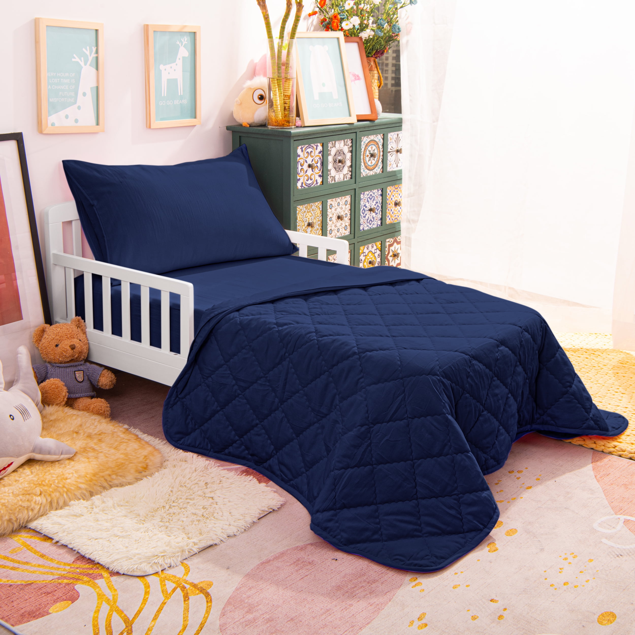 Organictune 4 Piece Microfiber Toddler Bedding Set, Breathable Crib Sheet Set for Boys and Girls, Includes Quilted Comforter, Flat Top Sheet, Fitted Sheet, Envelope Pillowcase, Navy Blue