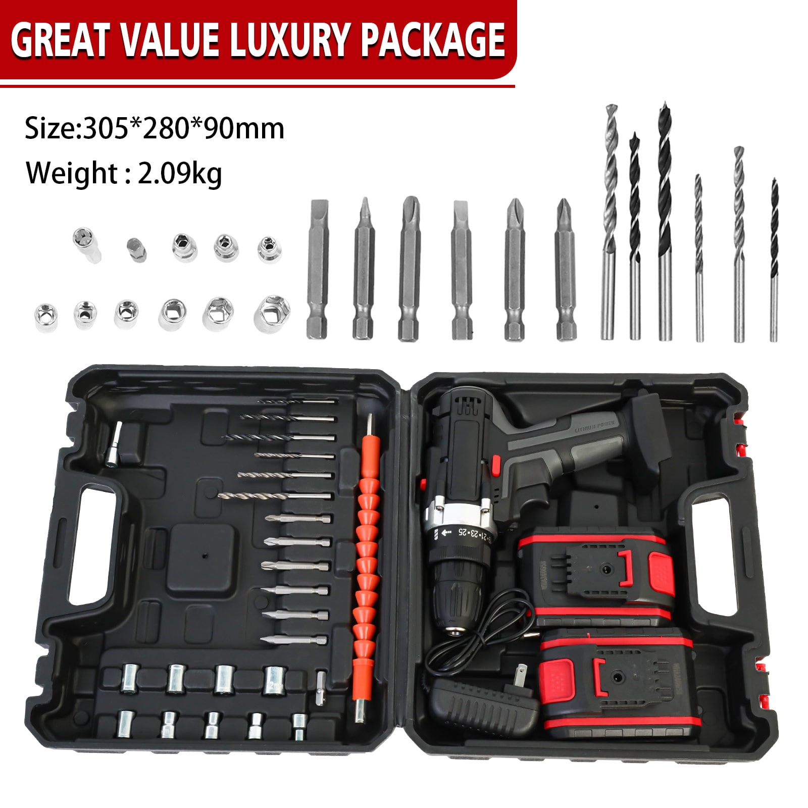 ALSO GO 21V Multi-Functional Cordless Drill Set, Drill with 2 Batteries and Charger,  Power Drill Kit Electric Hammer Drill for Drilling and Screw Tightening/Loosening, Black