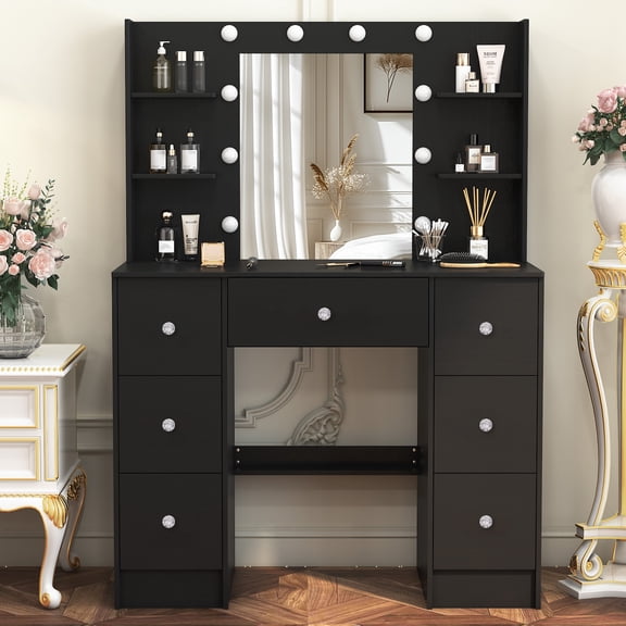 Teousev Vanity Set with Mirror Black, Makeup Vanity Table with 7 Drawers & 6 Shelves, Vanity Desk with Lighted Mirror, Dressing Table for Bedroom