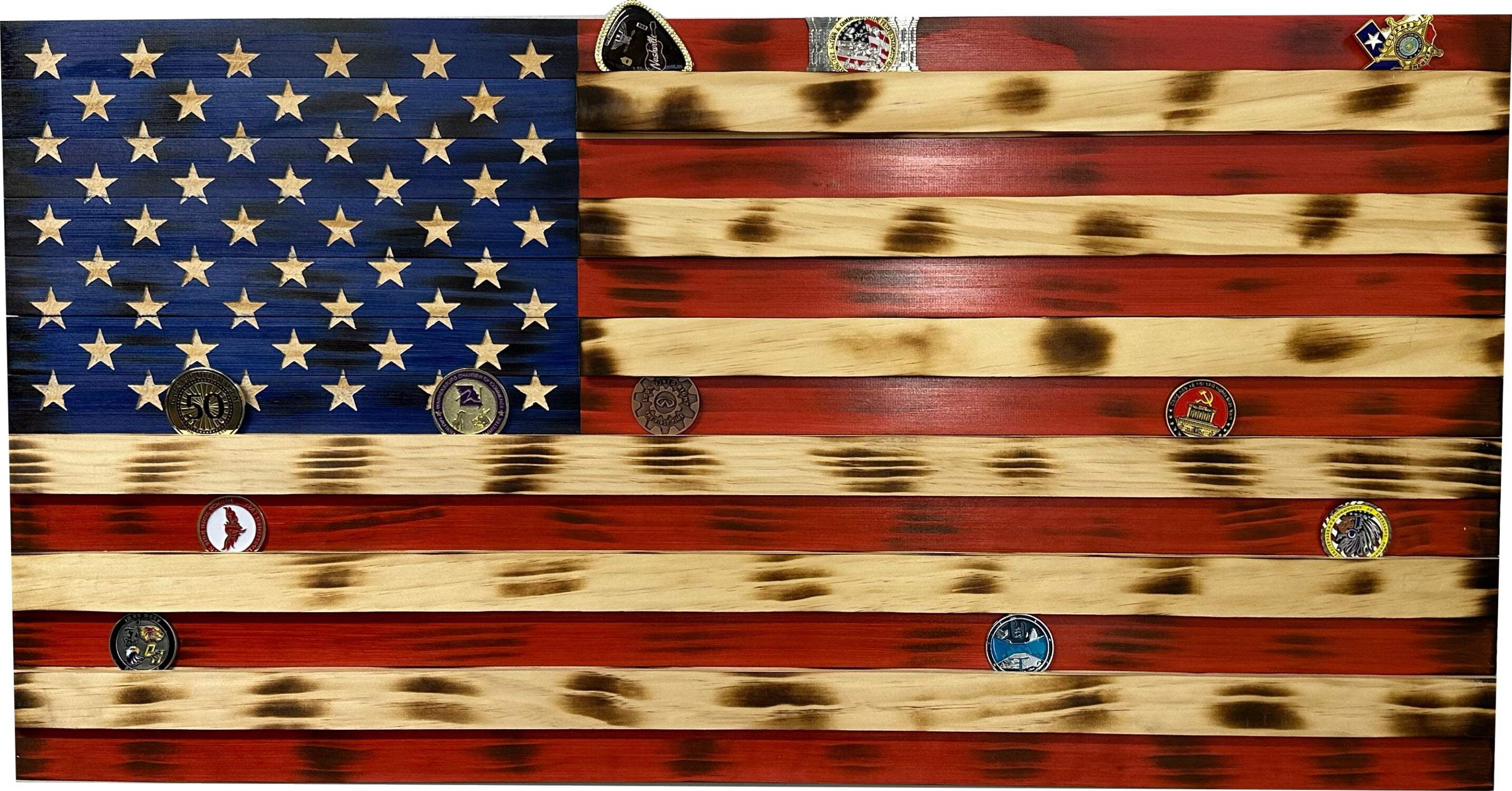 American Flag Challenge Coin Display and Hidden Gun Cabinet, Military Coin Holder Holds 100 Coins by Bellewood Designs