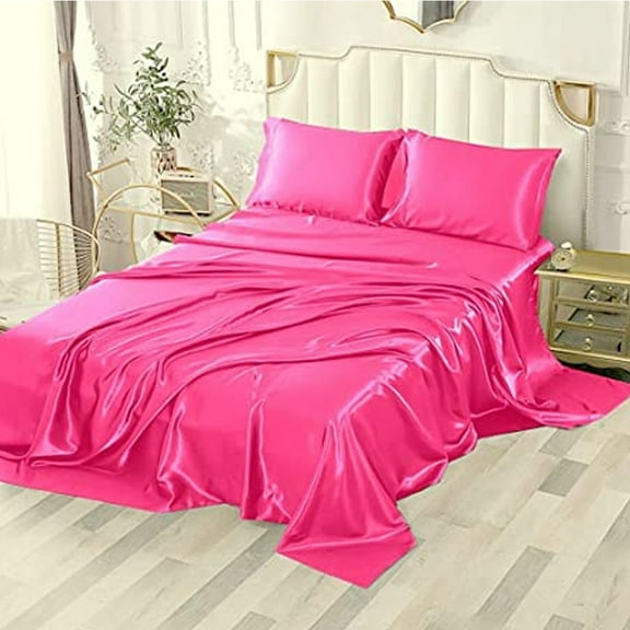 4 PC Satin Silky Soft Bed Sheet Set Queen/King Size Fitted Pillow Cases