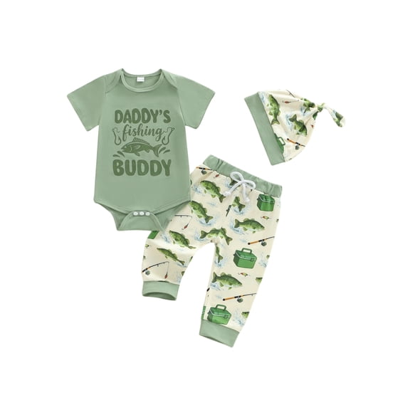 BemeyourBBs Baby Boy Fishing Outfit Newborn Summer Clothes Fish Letter Print Short Sleeve Romper Pants and Hat 3 Piece Set