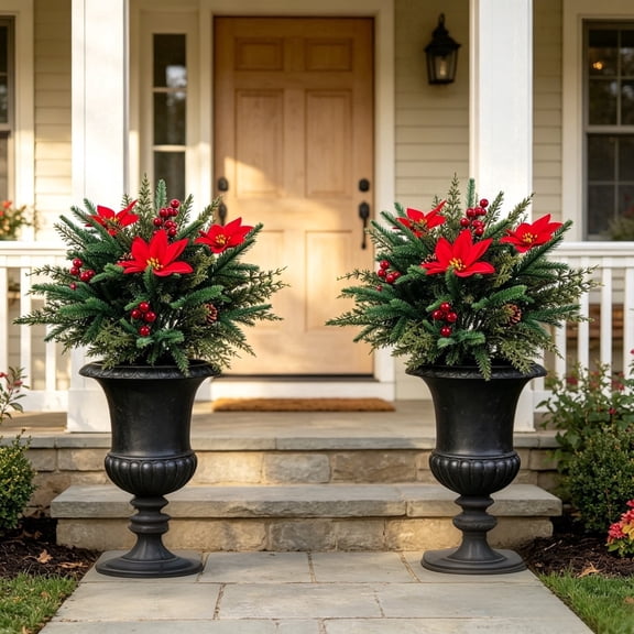 Kuokaa Artificial Christmas Urn Filler Poinsettia Pine Greenery Arrangement 3-Prong Metal Stake 21.65 Inch