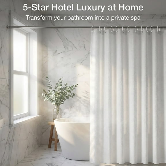 Embossed Water-Repellent, 230 GSM Heavy-Duty Hotel-Grade, 72"x72" White Fabric Shower Curtain with Hooks
