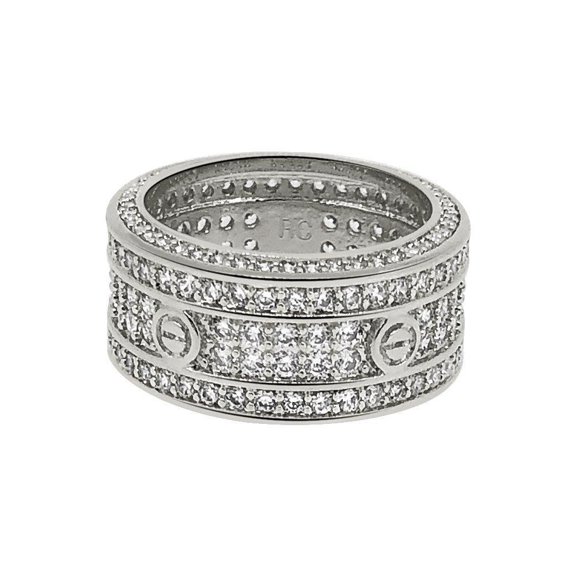 .925 Silver Eternity Band Flathead CZ Rhodium Bling Bling Ring