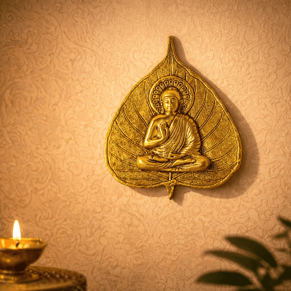IBA Indianbeautifulart Golden Wall Hanging Buddha Idol On Golden Leaf Home Décor Housewarming Antique Finish Gift