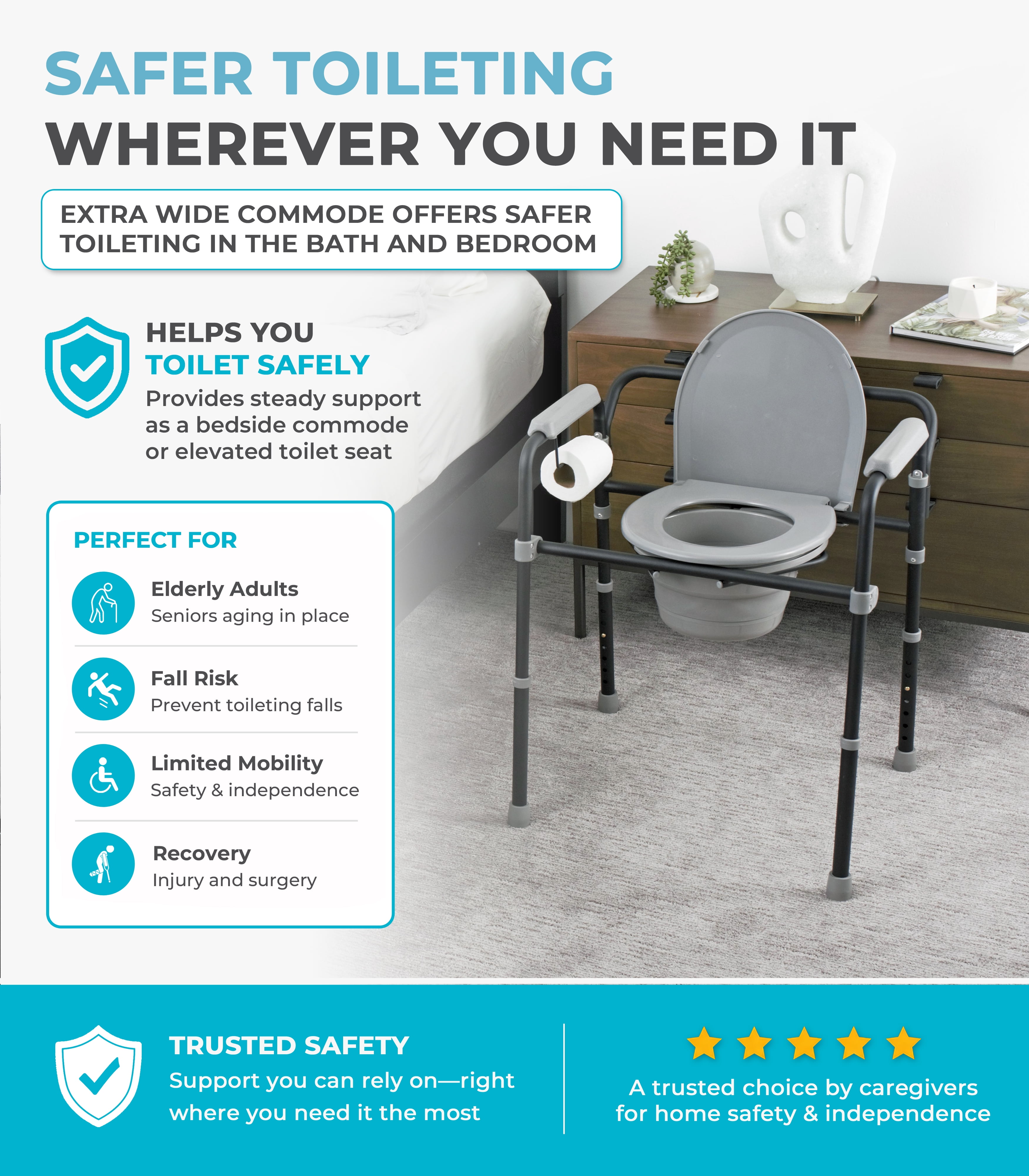 Able Life Bedside Commode, Extra Wide 3-in-1 Toilet Safety Rail