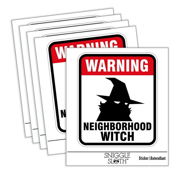 Warning Neighborhood Witch Halloween Sign Car Window Bumper Water Bottle Phone Tablet Laptop Waterproof Vinyl Decal Sticker Set 5-Pack - Gloss Finish - 2.0"
