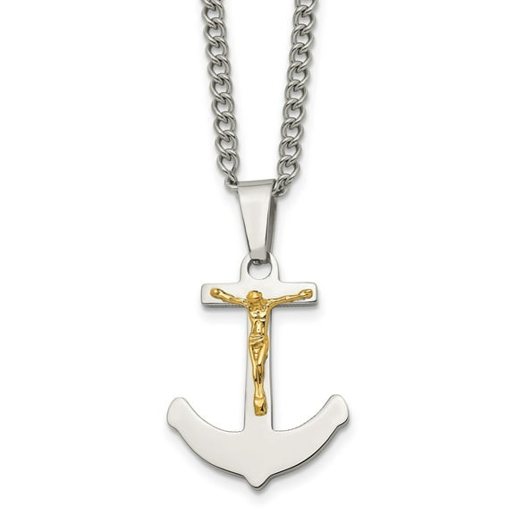 Gold and Stainless Steel Crucifix Cross Pendant Necklace for Men and Women with Curb Chain Dual Tone Christian Religious Spiritual Jewelry