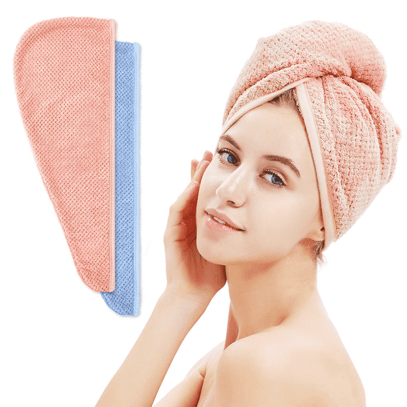 2 Packs Microfiber Hair Towel,Hair Turban Buttons Super Absorbent Quick Dry Rapid Head Hair Towels for Women Curly Long Thick Hair Anti Frizz(Pink,Blue)