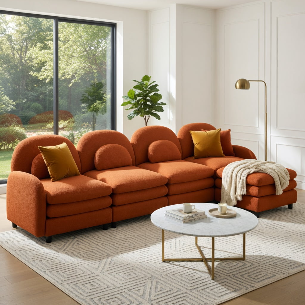 Hommoo Teddy Fleece 4-Seat Modular Sectional Sofa, Cloud-Like Double-Layer Cushions, Curved Backrest & Armrest, Movable Ottoman, Lumbar Support Pillows, Orange