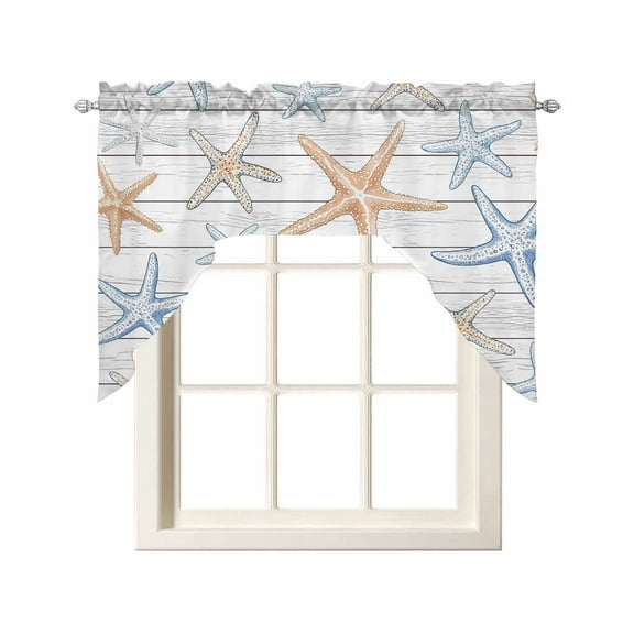 Orange Blue Starfish Kitchen Curtains Swag Valance for Windows/Bathroom/Cafe, Summer Beach Coastal Wooden Rod Pocket Drape Panel Swag Curtain Valance for Bedroom/Living Room 55''x36''