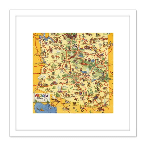 Map Avey 1942 Arizona Welcomes You 8X8 Inch Square Wooden Framed Wall Art Print Picture with Mount
