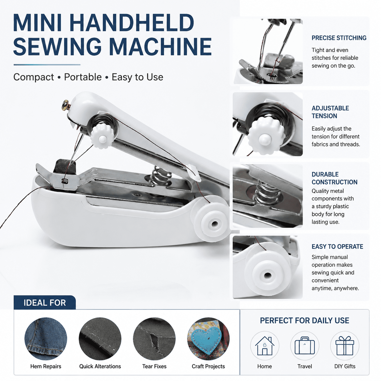 White Spring come Handheld Mini Sewing Machine, Portable Manual Pocket Stitch Tool, Compact Lightweight Sewing Device for Clothing Repair, Home DIY Crafts, Travel Emergency Fabric Mending