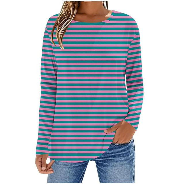 Enjoytime Women's Fashion Tops Striped Long Sleeve Shirts Cute Crew Neck Basic Business Work Blouses