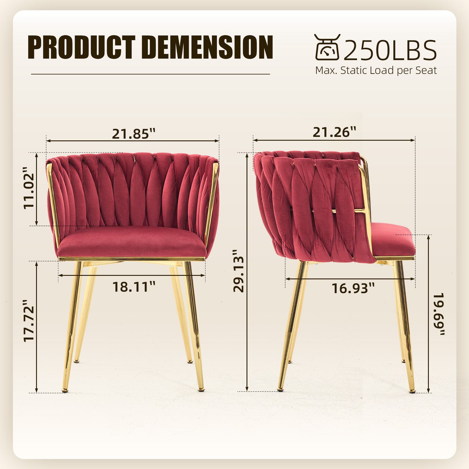 MOONMISS Velvet Upholstered Tufted Wood Frame Side Dining Chair with Golden Legs（set of 2）-Wine Red