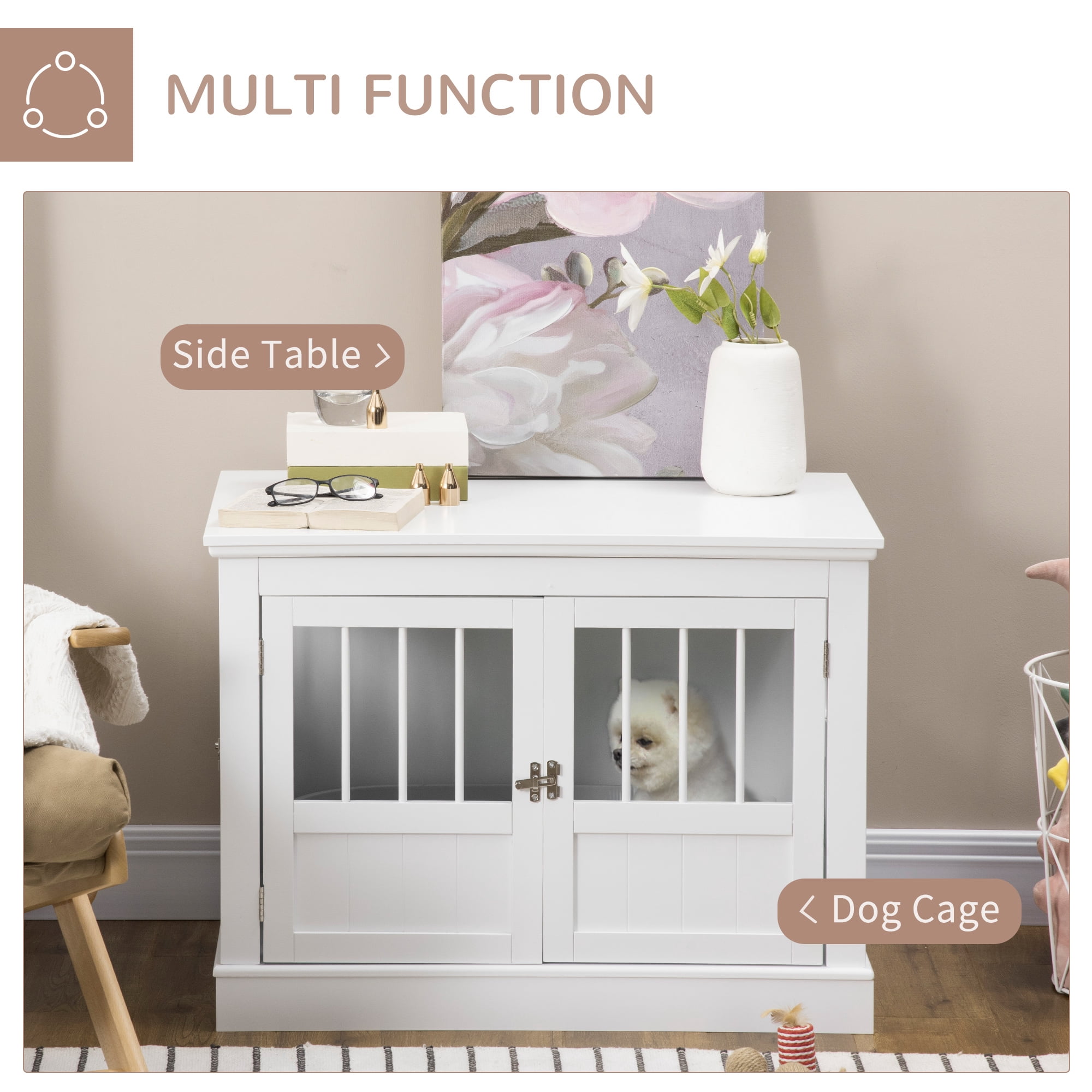 PawHut Dog Crate End Table with Triple Doors, Wooden Dog Crate Furniture Indoor Use, Puppy Crate for Small Dogs, White