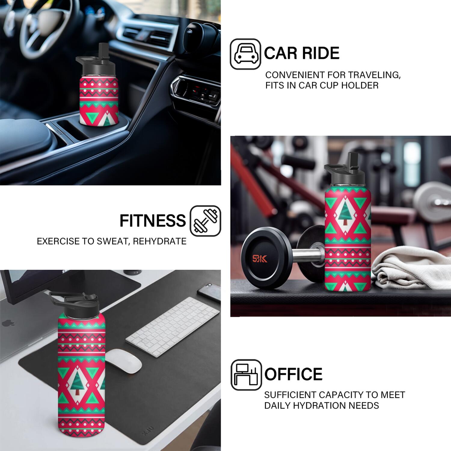 Christmas 18 oz Insulated Stainless Steel Water Bottle with Straw & Cleaning Brush , Leakproof, BPA-Free, 304 Stainless Steel, Wide Mouth, Travel Mug for Car, Gym, Office