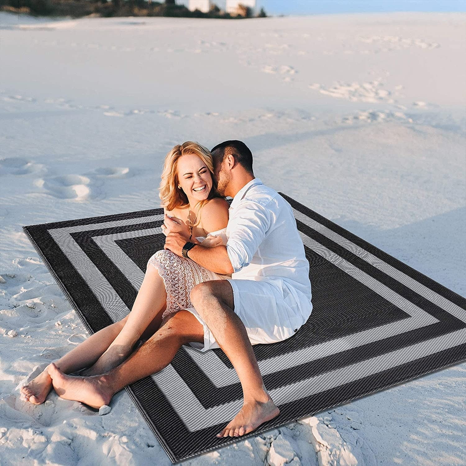 Playa Rug Paris Lightweight Reversible Recycled Plastic Outdoor Floor Mat/Rug Black&Gray 8'x10' 8' x 10'