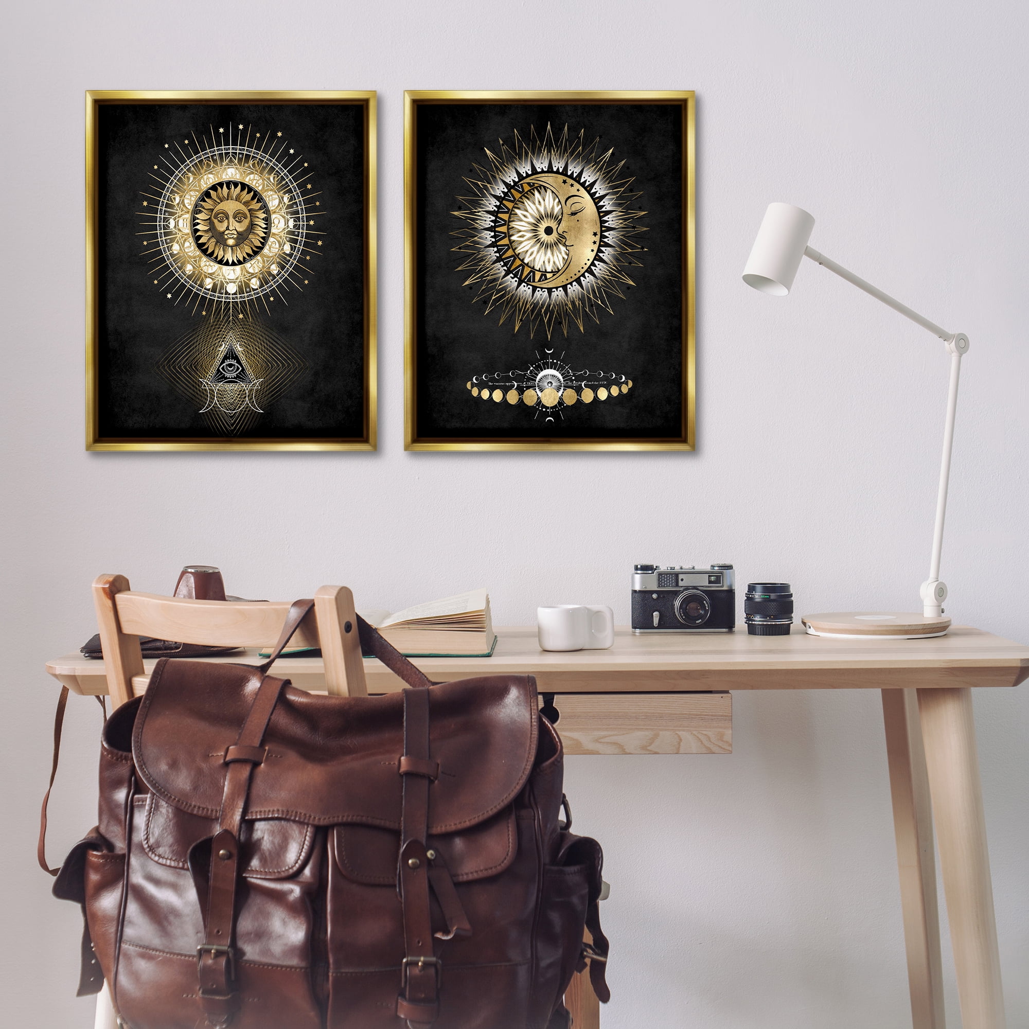 Stupell Industries Astral Eye & Moon Phases Astrology & Stars Painting Gold Floater Framed Canvas Art Print Wall Art, 31 x 25, Set of 2