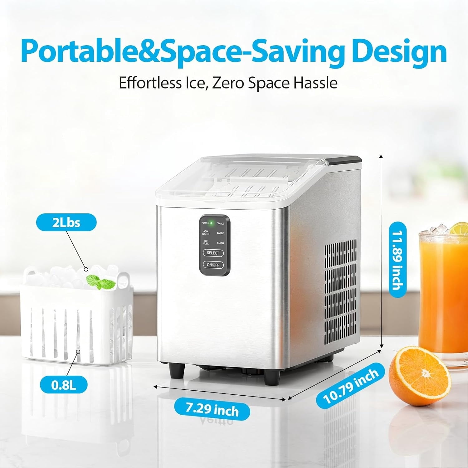 Ice Maker Countertop 26lbs/24H, Ice Machine 8 Ice Cubes Ready in 6 Mins, 2 Sizes of Bullet Ice Portable Ice Makers with Basket & Scoop, Auto Self-Cleaning for Home/Kitchen/Office Stainless