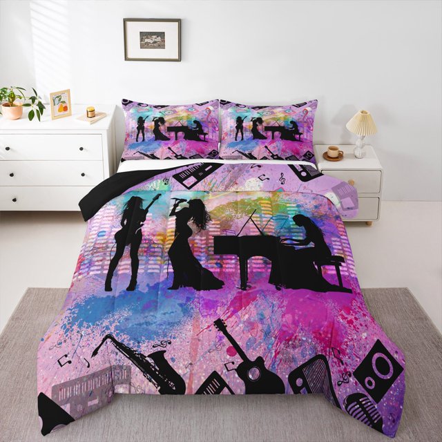 Erosebridal Princess Print Comforter Sets Full Size, Rock and Roll Comforters & Duvets, Musical Instruments Reversible Bedding Full Comforter Set, Microfiber Bedroom Decor, 3pcs