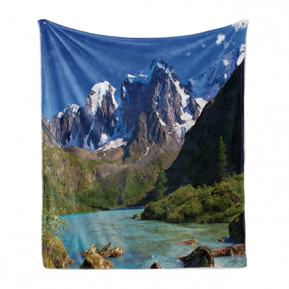 Landscape Soft Flannel Fleece Throw Blanket, Snowy Mountaintop Bustling River Pine Trees Rocks Grass Clouds Shrubs, Cozy Plush for Indoor and Outdoor Use, 70" x 90", White Green Grey, by Ambesonne