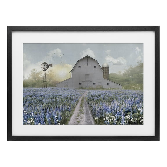 Stupell Industries Meadow of Blue Flowers & Barn Black Framed Print Under Glass, design by Nan