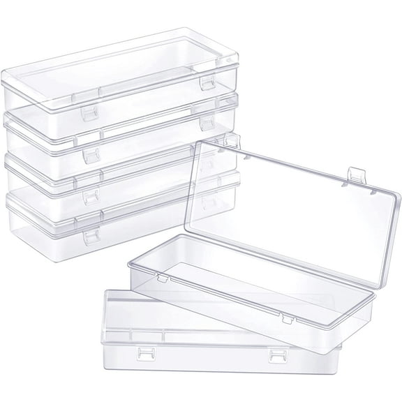 6 Pack Small Plastic Storage Containers with Hinged Lids, Rectangle Clear Plastic Boxes for Beads, Jewelry, Game Pieces and Crafts Items (6.1 x 2.36 x 1.1 Inch)