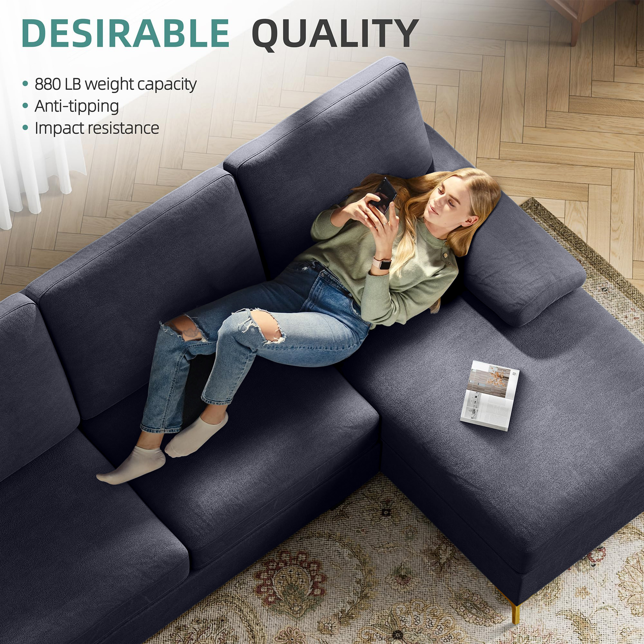 Aukfa U-Shape Sectional Sofa for Living Room, Deep Seat Sleeper Couch, Pillow Top Arm, Flannel, Gray
