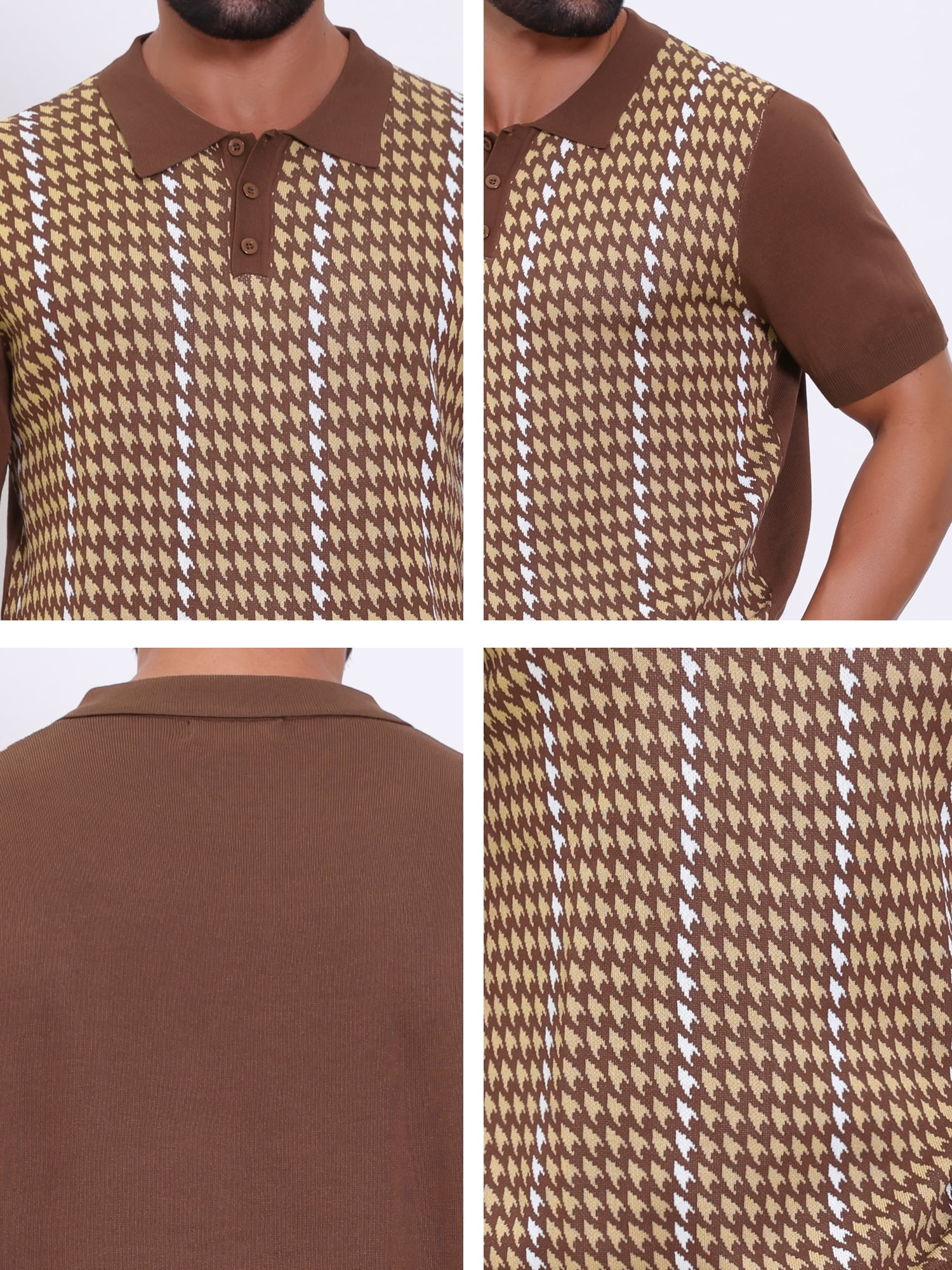 DARING DIVA Men's Houndstooth Summer Short Sleeve Casual Knit Polo Shirt M Brown