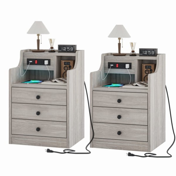 ADORNEVE Nightstand Set of 2 with Charging Station and 3 Storage
