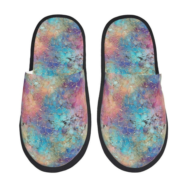 Balery blue pink colorful cracked texture Pantuflas de Casa de Felpa Silenciosas con Diseño Estampado, Zapatillas Cómodas Antideslizantes de Algodón para Interior-Large